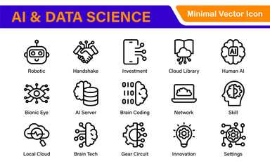 Artificial Intelligence Machine Learning Icons - AI, Neural Network, Deep Learning, Data Science, Algorithm - Vector, Outline, Line, Illustration, Minimal