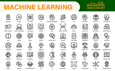 Artificial Intelligence Machine Learning Icons - AI, Neural Network, Deep Learning, Data Science, Algorithm - Vector, Outline, Line, Illustration, Minimal