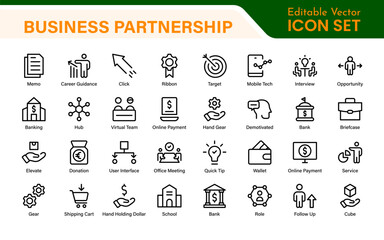 Stakeholder outline icons set. Business, teamwork, trade unions, suppliers, government, customers, creditors, community, investors and partners.
