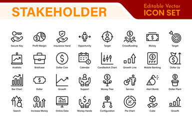 Stakeholder outline icons set. Business, teamwork, trade unions, suppliers, government, customers, creditors, community, investors and partners.