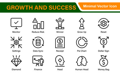 Growth and Success modern outline style icons set. Successful business development, plan and process symbol illustration.