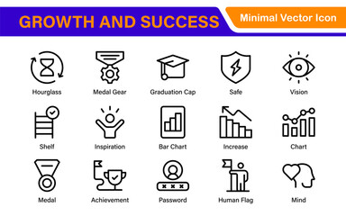Growth and Success modern outline style icons set. Successful business development, plan and process symbol illustration.