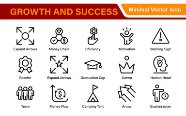 Growth and Success modern outline style icons set. Successful business development, plan and process symbol illustration.