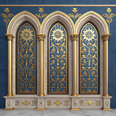 Ornate Gothic Architectural Facade with Golden Floral Arches and Blue Background Design