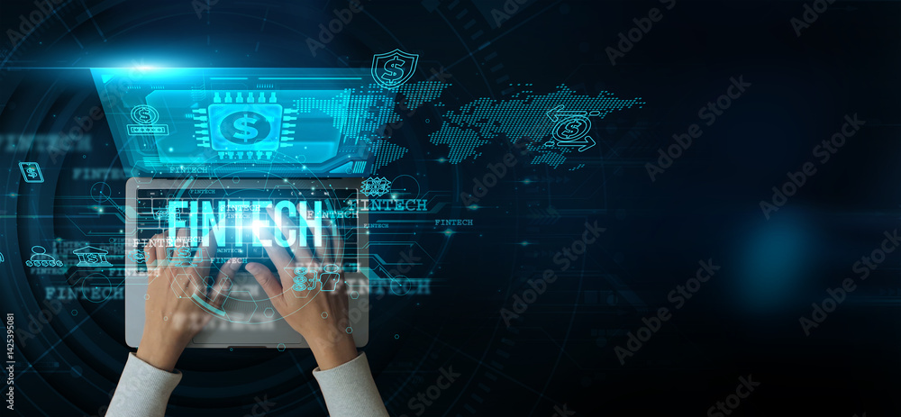 Poster a man using a laptop with fintech on the keyboard is analyzing and developing various information sy
