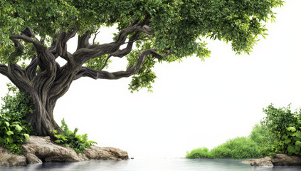 majestic banyan tree with lush green leaves and vines extends over calm body of water, creating serene and tranquil scene. tree twisted branches add sense of ancient beauty