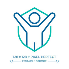 Right to life, liberty, personal security pixel perfect two color line icon. Person with shield. Human security bicolor outline symbol. Duotone linear pictogram. Isolated illustration. Editable stroke