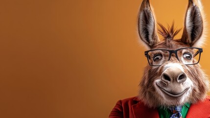 Obraz premium Donkey wearing glasses and a red jacket. The donkey is smiling and looking at the camera. The image has a playful and lighthearted mood