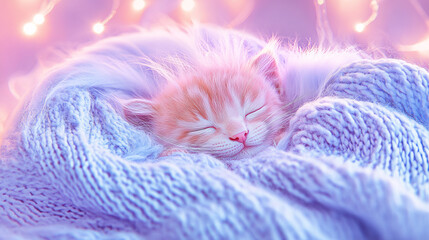 tiny, fluffy kitten with soft mane is peacefully sleeping on cozy, pastel blue knitted blanket, surrounded by warm, glowing lights, creating serene atmosphere