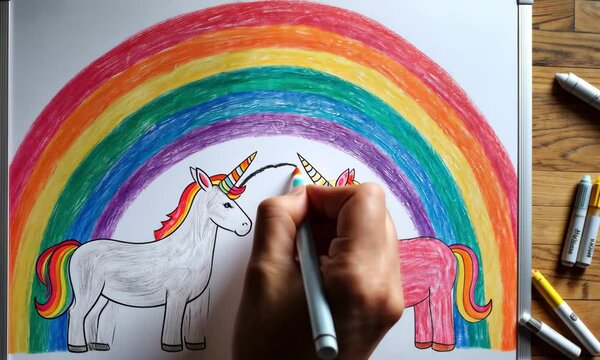 Hand coloring cute unicorns under rainbow with crayons on white paper. 