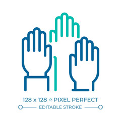 Right to participate in government and in free elections pixel perfect two color line icon. Voters raised hands bicolor outline symbol. Duotone linear pictogram. Isolated illustration. Editable stroke