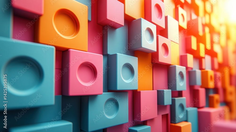 Poster colorful geometric cubes with circular recesses creating a modern abstract design
