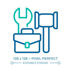 Right to desirable work and to join trade unions pixel perfect two color line icon. Legal workers protection bicolor outline symbol. Duotone linear pictogram. Isolated illustration. Editable stroke