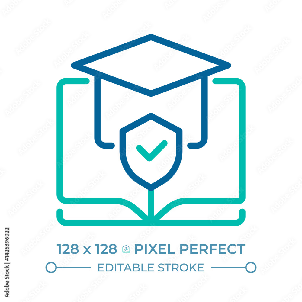Poster right to education pixel perfect two color line icon. open textbook with mortarboard. equal access t