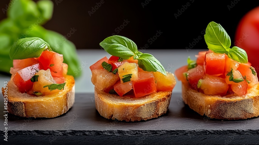 Aufkleber three small breads with tomato and basil on top. the breads are arranged in a row on a black table