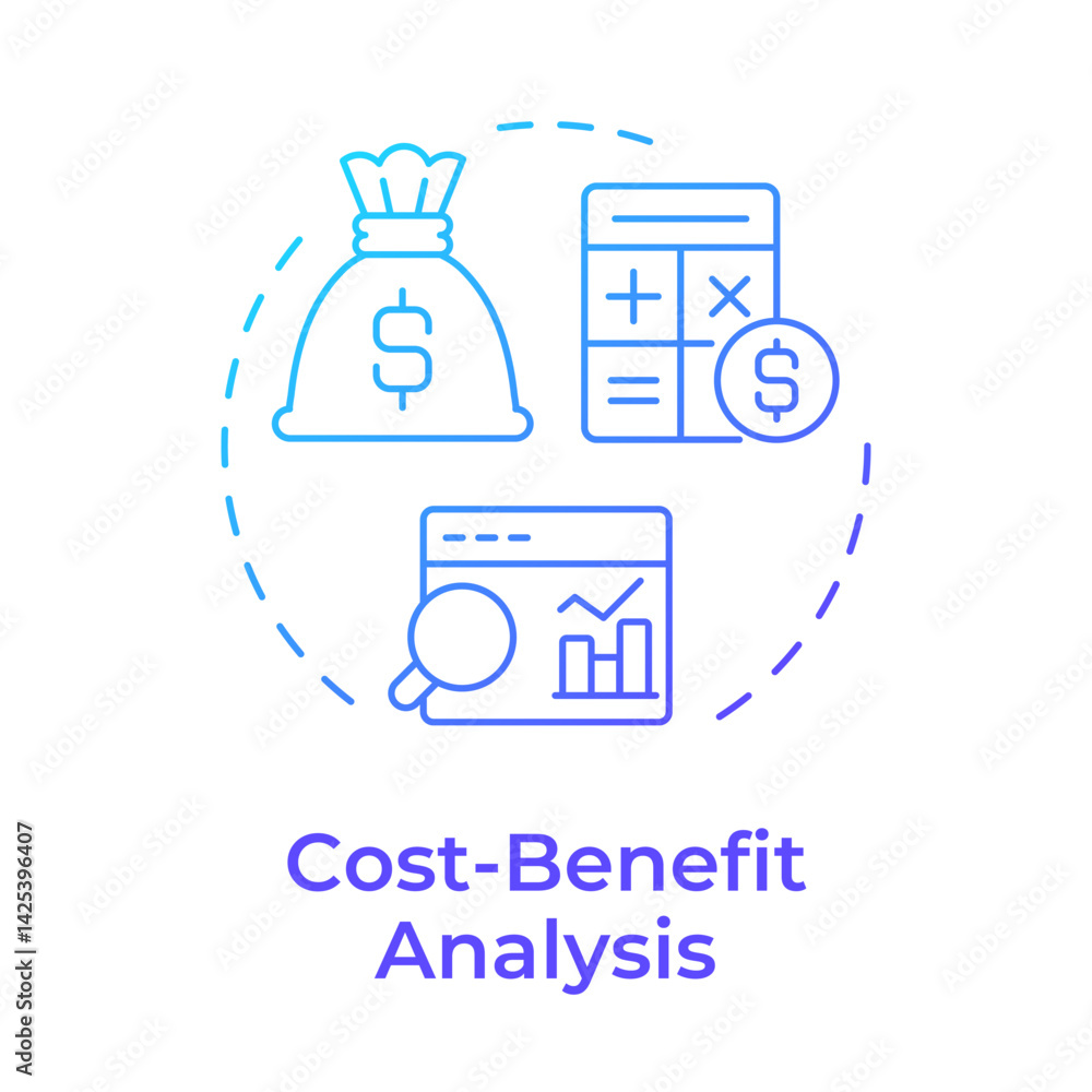Poster cost benefit analysis blue gradient concept icon. expenses calculation, statistical metrics. round s