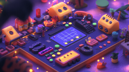 , abstract illustration of colorful, futuristic circuit board with playful elements and glowing lights, creating whimsical and imaginative atmosphere