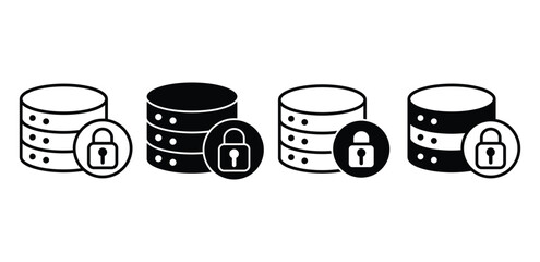 Database Security Icons Black and White Representations of Secured Data Storage Vector Design
