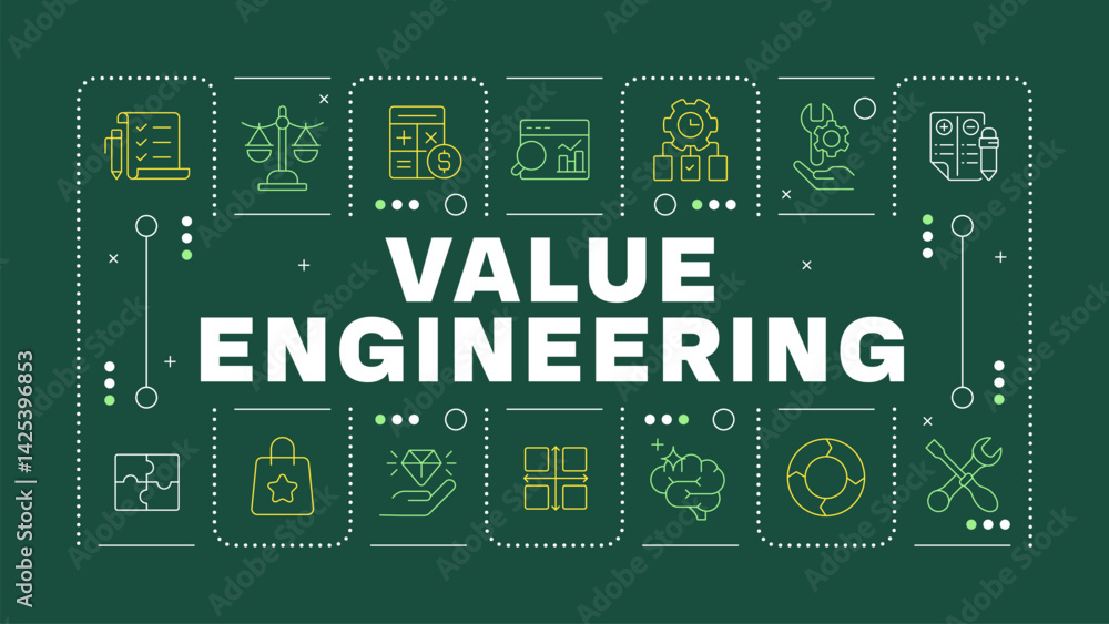 Aufkleber value engineering green word concept. statistical metrics. product quality. efficiency, performance.