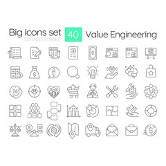 Value engineering line icons set. Statistical metrics. Economy, finance. Customer experience. Product quality. Isolated vector outline illustrations. Thin lineart iconset symbols. Editable stroke
