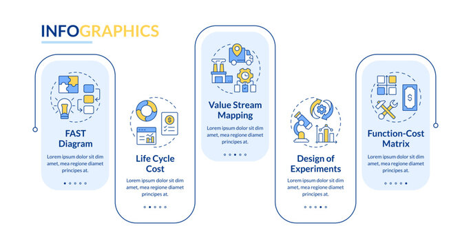 Value engineering techniques rectangle infographic vector. Statistical metrics, process management. Data visualization with 4 steps. Editable rectangular options chart. Lato-Bold, Regular fonts used