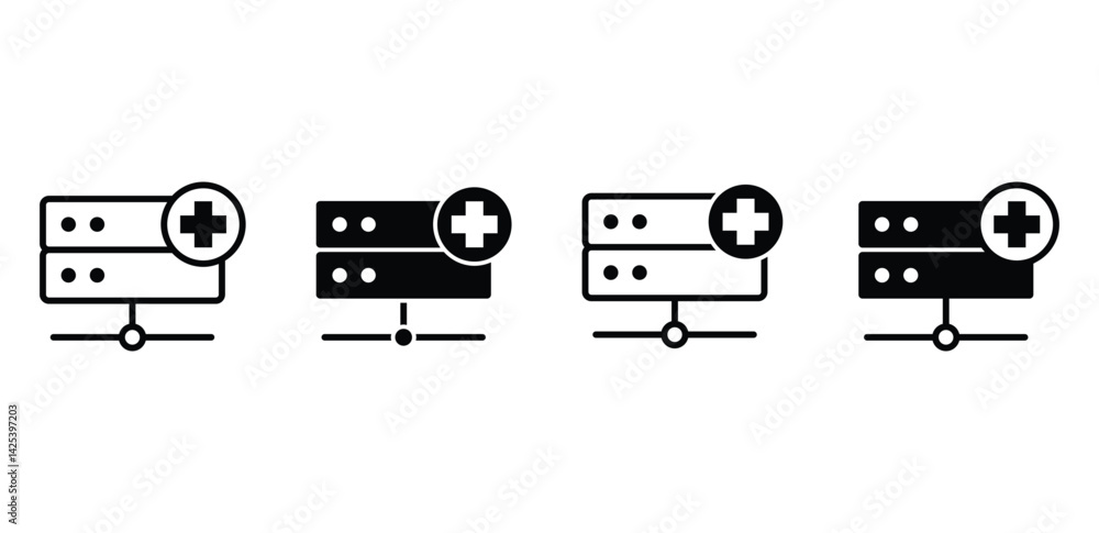 Poster server add icon black and white network server plus sign illustrations vector design