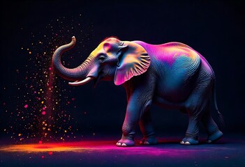 Obraz premium An elephant spreads Holi colors with its trunk. Elephant Happy Holi colorful background. Festival of colors, colorful rainbow holi paint color powder explosion isolated black wide panorama ...