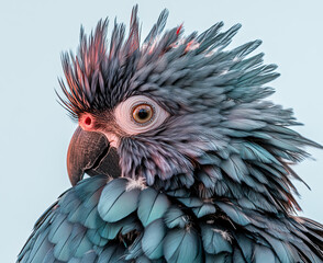 close up portrait of vibrant blue parrot with striking feathers and intense gaze, set against soft background. detailed plumage and expressive eye create captivating image