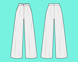 Ladies Wide leg pant fashion flat sketch outline CAD mockup template.