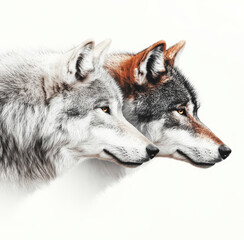 Fototapeta premium Two wolves in profile against white background, showcasing their detailed fur and intense gaze. image captures majestic and wild essence of these animals