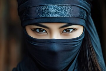 Naklejka premium Ninja woman wearing black mask and headscarf staring seriously