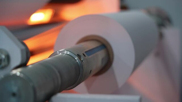 Plastic lamination foil roll on metal rod in plant workshop closeup. Processing decorative material for PVC windowsills production on automatic line