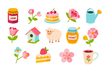 Cute spring-themed vector icons with flowers, sweets, honey, jam, a sheep, and garden elements. Flat cartoon-style design isolated on white background, perfect for seasonal designs.