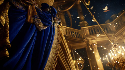 luxurious royal blue and gold curtain with intricate patterns hangs elegantly in grand hall, illuminated by chandelier. scene is enchanting with floating butterflies