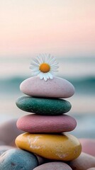 
Photo of colorful stacked rocks with a daisy flower on top, in the background is a beach and ocean, a pink sky, beautiful colors, a pastel aesthetic, and ethereal, dreamy lighting.
