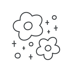 Cute floral illustration. Whimsical spring design of flowers surrounded by sparkles. Hand drawn monochrome illustration isolated on a white background. Kawaii sticker. Vector 10 EPS.