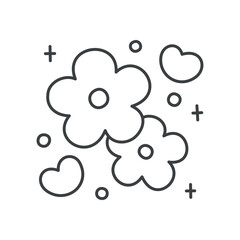 Cute flower illustration. Gentle design of two daisies surrounded by little hearts and sparkles. Hand drawn monochrome illustration isolated on a white background. Kawaii sticker. Vector 10 EPS.