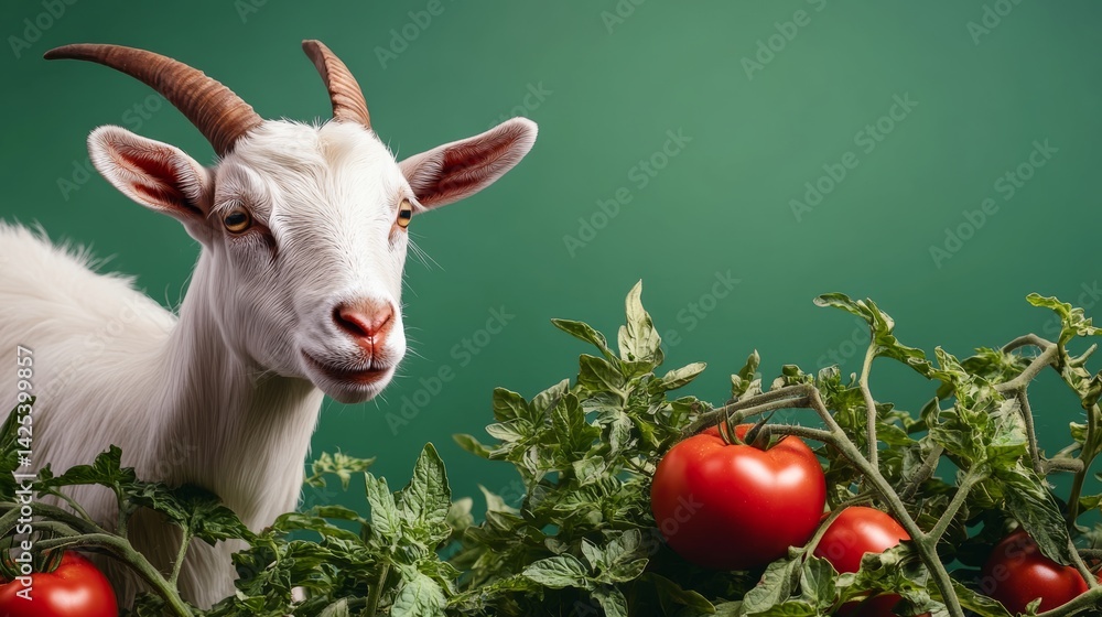 Aufkleber goat is standing in front of a bunch of tomatoes. the image has a playful and whimsical mood