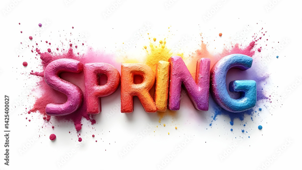 Poster the word 'spring' is crafted from colorful, textured clay, each letter surrounded by a burst of matc