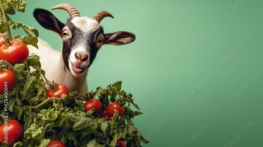 Poster goat is standing in front of a bunch of tomatoes. the goat is smiling and looking at the camera. the