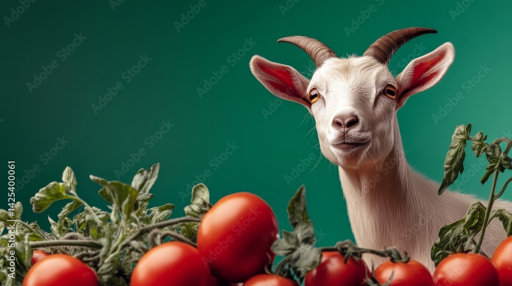 Poster goat is standing in front of a bunch of tomatoes. the goat is looking at the camera and he is curiou
