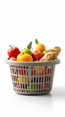 A grey plastic basket overflows with a vibrant mix of red, green, and yellow apples, oranges, and a crusty bread loaf. A simple, fresh still life.