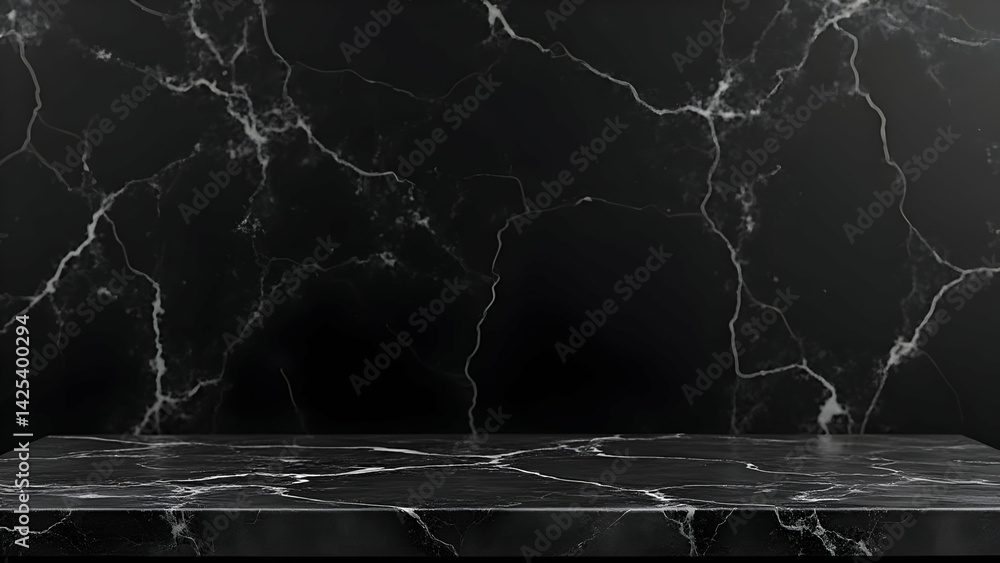 Poster a sleek, black marble tabletop rests against a matching backdrop, creating a sophisticated and minim