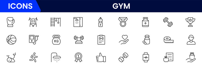 Gym and fitness icon set. It contains healthy lifestyle, weight training, body care, and workout or exercise equipment icons. Vector illustration web line icon collection 