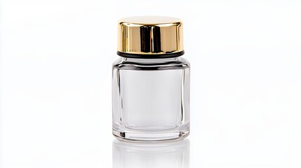Clear Glass Bottle with Gold Cap on White Background