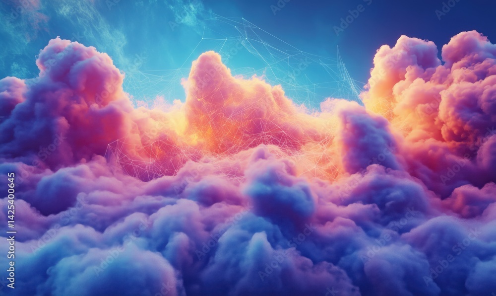 Poster vibrant abstract clouds with glowing edges and intricate network patterns