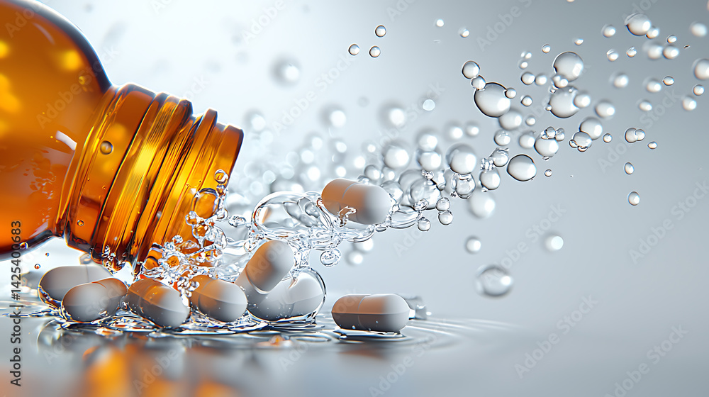 Poster Dynamic action of pills splashing in water close-up shot scientific environment captivating visuals