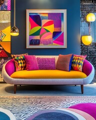 Colorful interior design: A modern and eye-catching living room design featuring a vibrant sofa, artwork, and complementary decor in a stylish and comfortable atmosphere.
