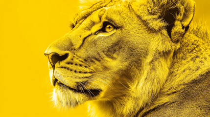 majestic lion with focused gaze is depicted against vibrant yellow background, highlighting its powerful features and intense expression