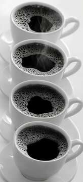Four steaming coffee cups are neatly arranged in row on white surface, creating minimalist and inviting scene. rich aroma and warmth are almost palpable